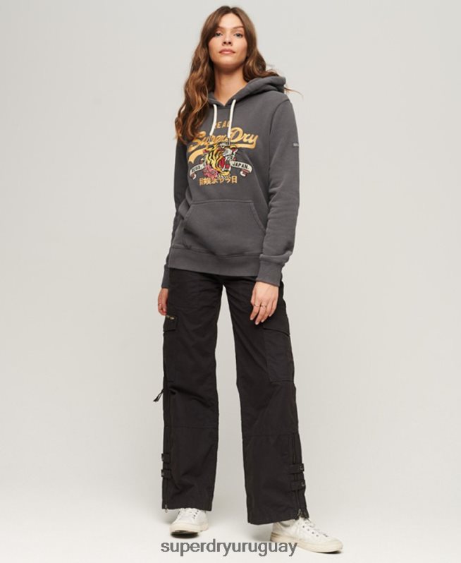 uy Superdry mujer sudadera con capucha y logo vintage gris oscuro DT2N8Z2128 ropa