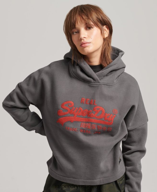 uy Superdry mujer sudadera con capucha y logo vintage gris oscuro DT2N8Z5764 ropa