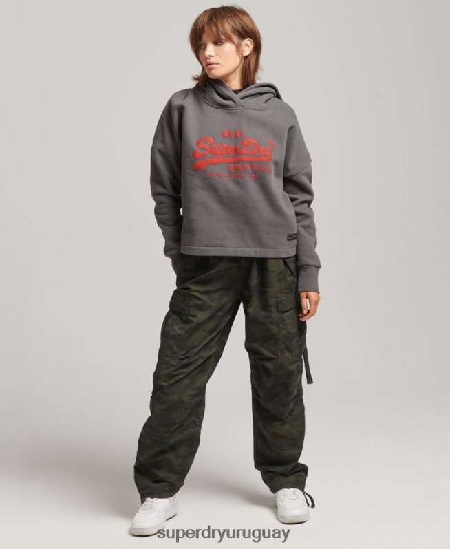 uy Superdry mujer sudadera con capucha y logo vintage gris oscuro DT2N8Z5764 ropa