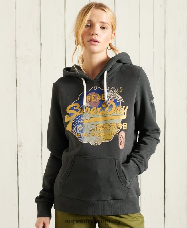 uy Superdry mujer sudadera con capucha y logo vintage gris oscuro DT2N8Z6178 ropa