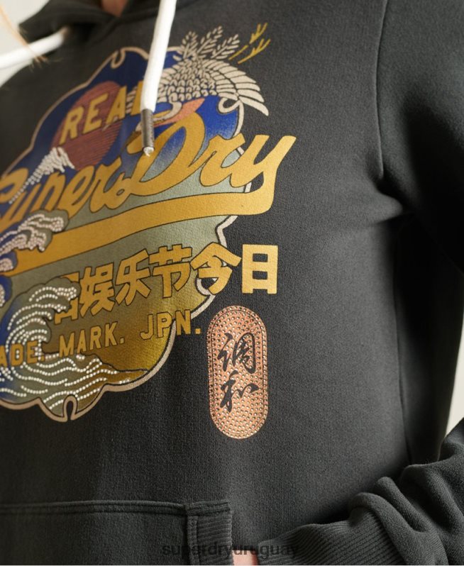 uy Superdry mujer sudadera con capucha y logo vintage gris oscuro DT2N8Z6178 ropa