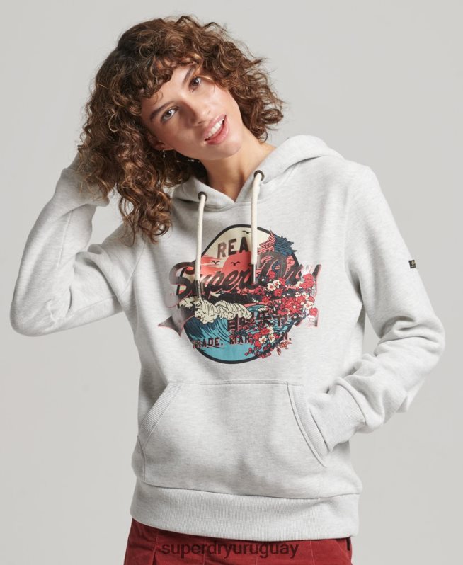 uy Superdry mujer sudadera con capucha y logo vintage japonés gris claro DT2N8Z3389 ropa