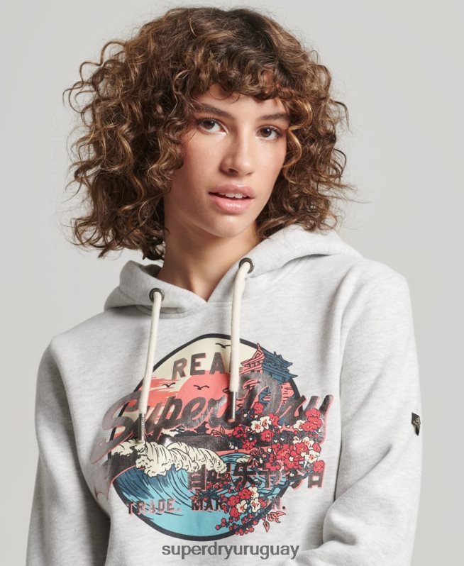 uy Superdry mujer sudadera con capucha y logo vintage japonés gris claro DT2N8Z3389 ropa
