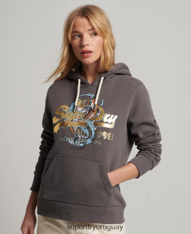 uy Superdry mujer sudadera con capucha y logo vintage japonés gris oscuro DT2N8Z3306 ropa