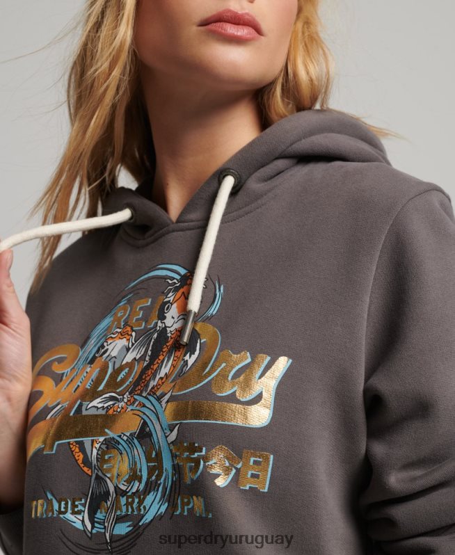 uy Superdry mujer sudadera con capucha y logo vintage japonés gris oscuro DT2N8Z3306 ropa