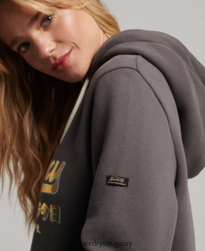 uy Superdry mujer sudadera con capucha y logo vintage japonés gris oscuro DT2N8Z3306 ropa