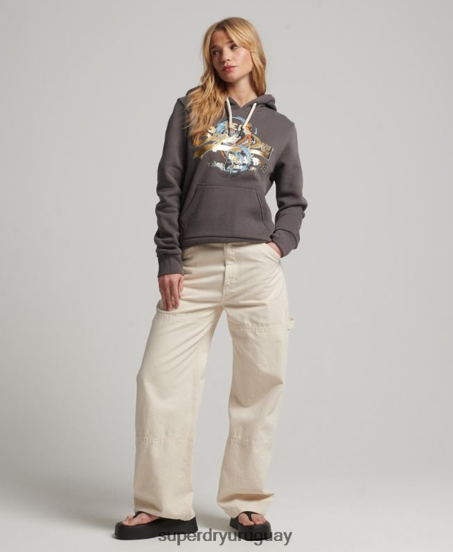 uy Superdry mujer sudadera con capucha y logo vintage japonés gris oscuro DT2N8Z3306 ropa