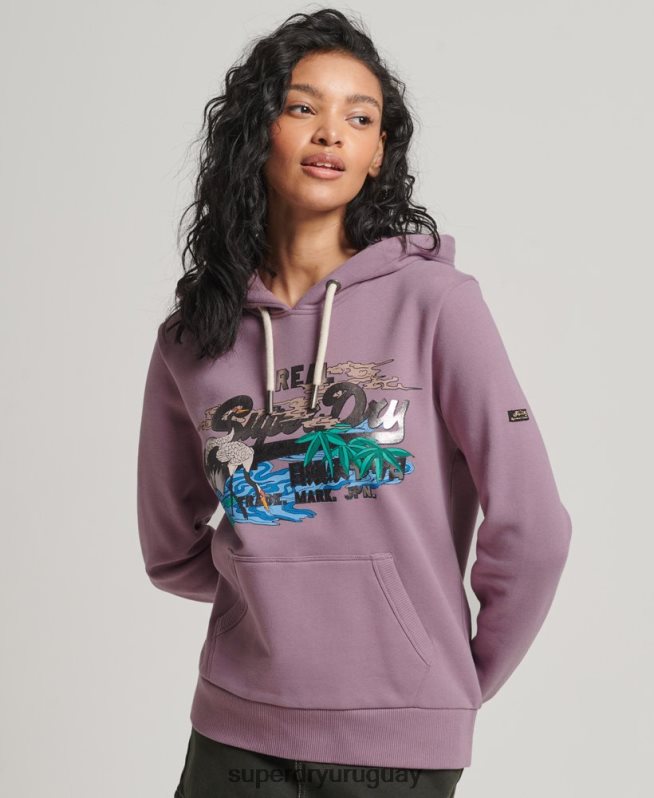 uy Superdry mujer sudadera con capucha y logo vintage japonés púrpura DT2N8Z3403 ropa