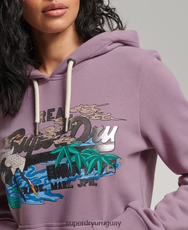 uy Superdry mujer sudadera con capucha y logo vintage japonés púrpura DT2N8Z3403 ropa