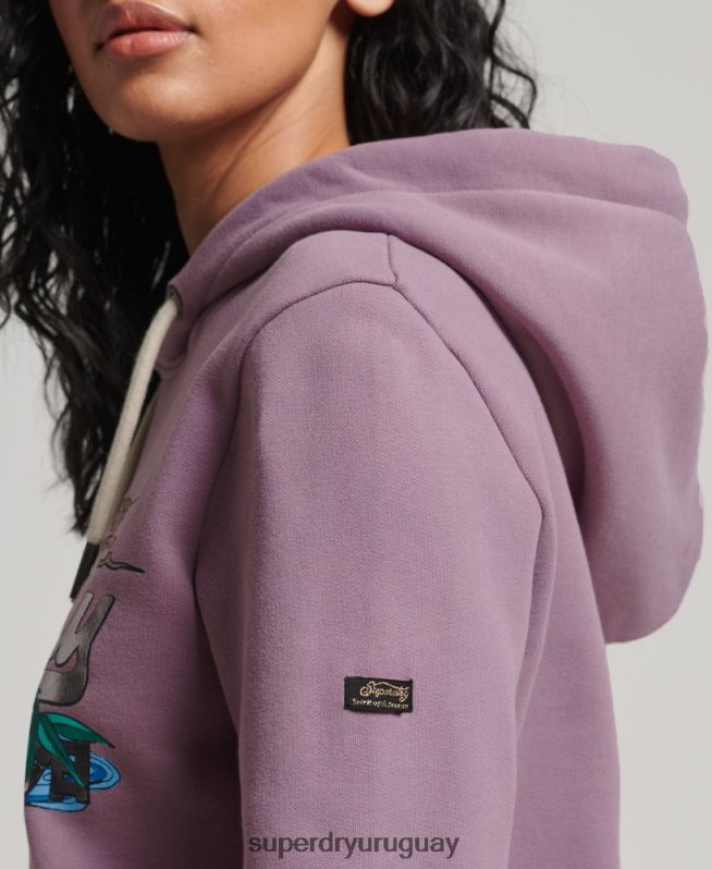 uy Superdry mujer sudadera con capucha y logo vintage japonés púrpura DT2N8Z3403 ropa
