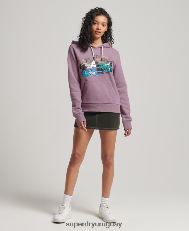 uy Superdry mujer sudadera con capucha y logo vintage japonés púrpura DT2N8Z3403 ropa