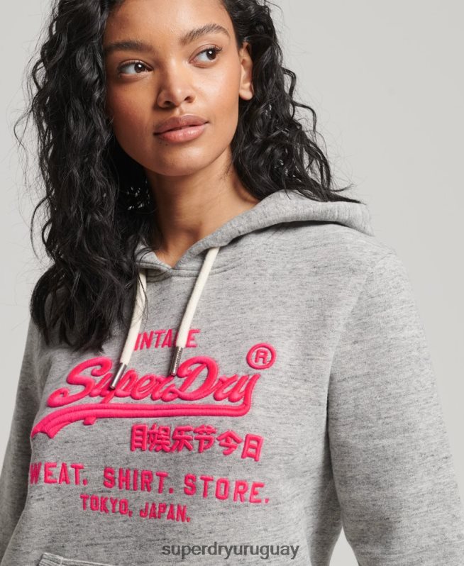 uy Superdry mujer sudadera con capucha y logo vintage neón gris DT2N8Z3417 ropa
