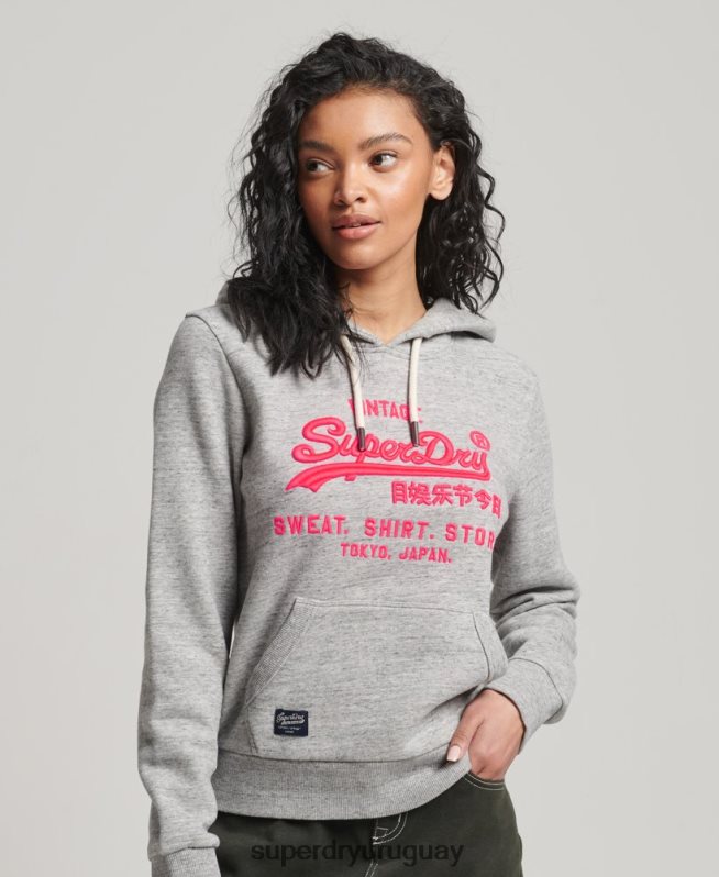uy Superdry mujer sudadera con capucha y logo vintage neón gris DT2N8Z3417 ropa