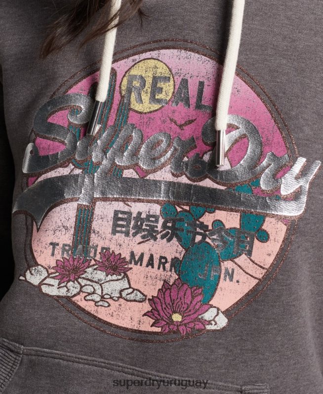 uy Superdry mujer sudadera con capucha y logo vintage negro DT2N8Z2305 ropa