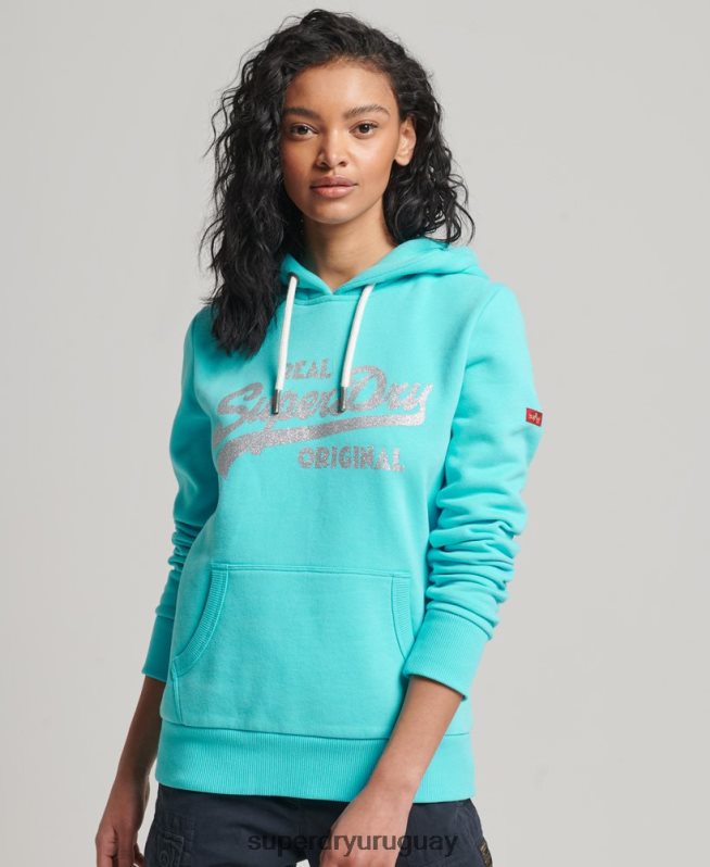 uy Superdry mujer sudadera con capucha y logo vintage turquesa DT2N8Z3423 ropa