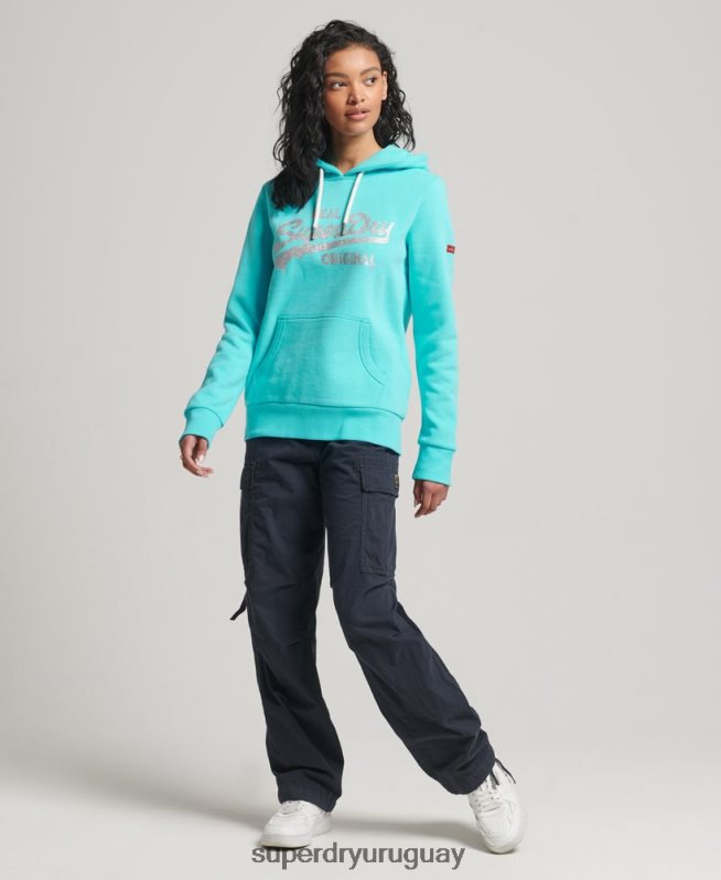 uy Superdry mujer sudadera con capucha y logo vintage turquesa DT2N8Z3423 ropa