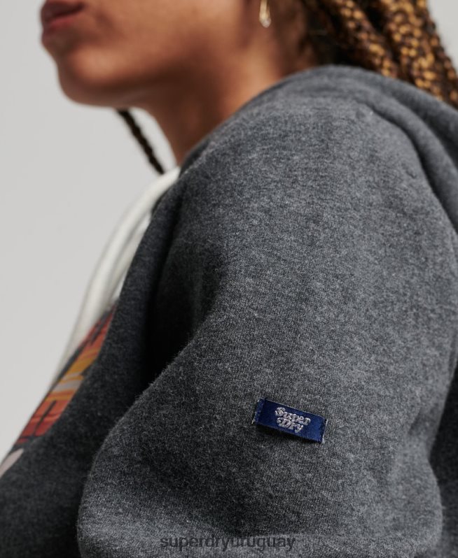 uy Superdry mujer sudadera con capucha y texto vintage gris oscuro DT2N8Z3406 ropa
