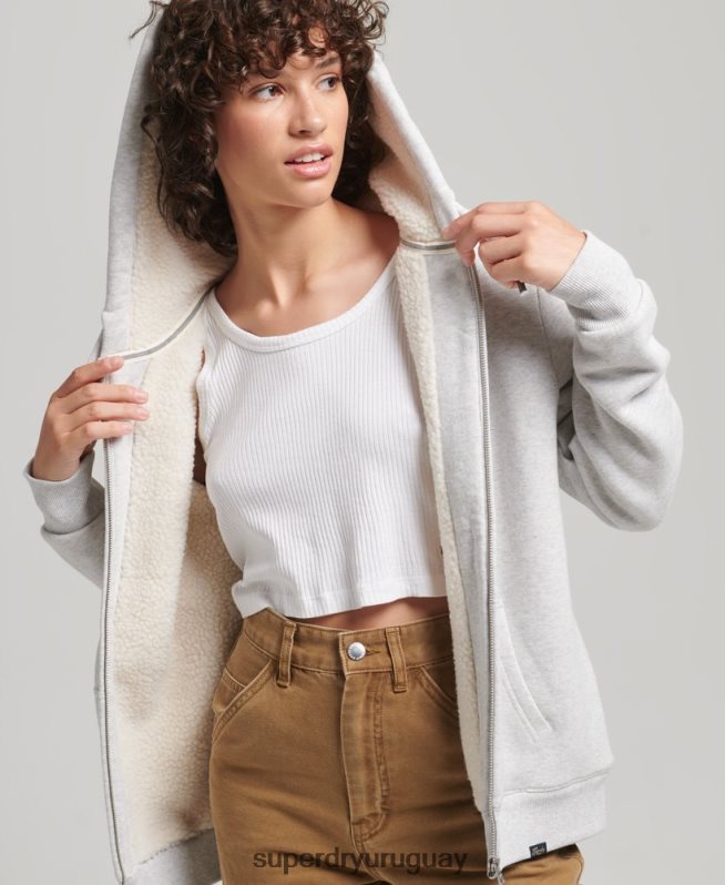 uy Superdry mujer sudadera con cremallera y forro de borreguito esencial gris claro DT2N8Z5752 ropa