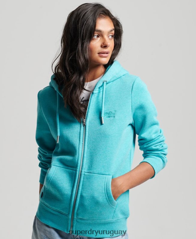 uy Superdry mujer sudadera con cremallera y logo bordado azul claro DT2N8Z3348 ropa