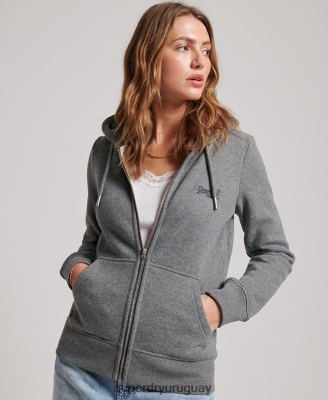 uy Superdry mujer sudadera con cremallera y logo bordado gris DT2N8Z3335 ropa