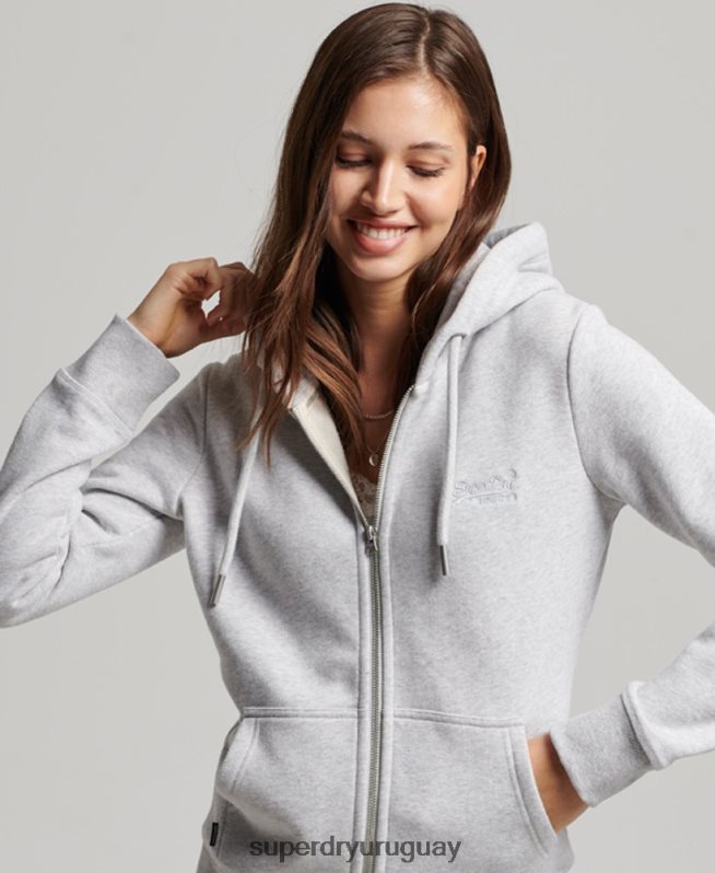 uy Superdry mujer sudadera con cremallera y logo bordado gris claro DT2N8Z3274 ropa