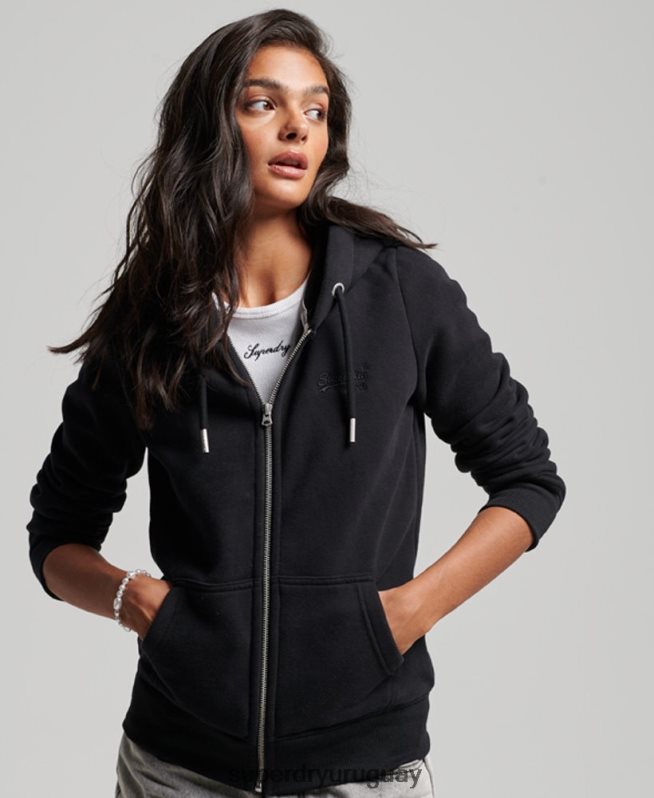 uy Superdry mujer sudadera con cremallera y logo bordado negro DT2N8Z3425 ropa