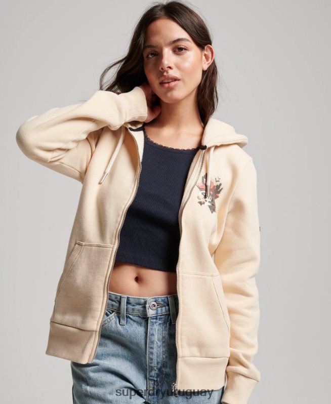 uy Superdry mujer sudadera con cremallera y logo vintage crema DT2N8Z2179 ropa