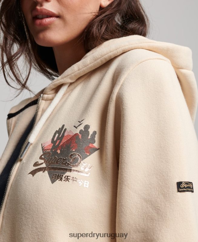 uy Superdry mujer sudadera con cremallera y logo vintage crema DT2N8Z2179 ropa