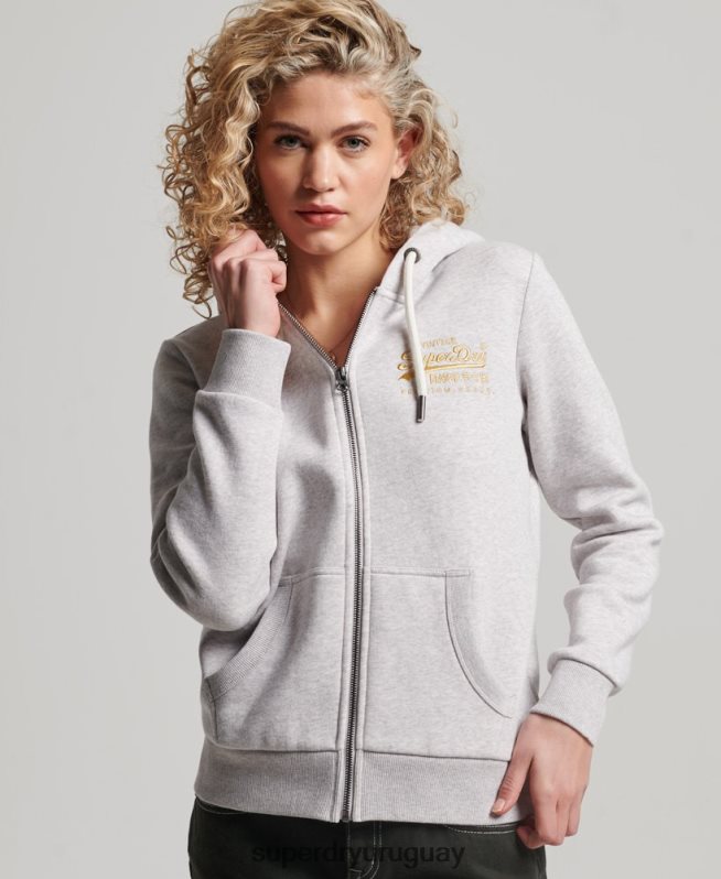 uy Superdry mujer sudadera con cremallera y logo vintage gris claro DT2N8Z2277 ropa