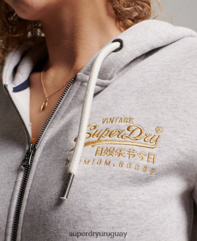uy Superdry mujer sudadera con cremallera y logo vintage gris claro DT2N8Z2277 ropa