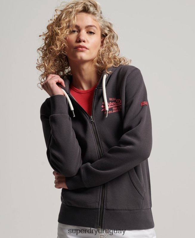 uy Superdry mujer sudadera con cremallera y logo vintage gris oscuro DT2N8Z2143 ropa
