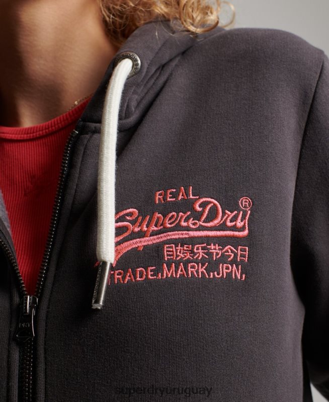 uy Superdry mujer sudadera con cremallera y logo vintage gris oscuro DT2N8Z2143 ropa