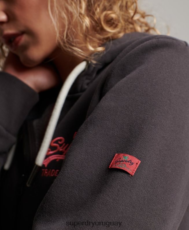 uy Superdry mujer sudadera con cremallera y logo vintage gris oscuro DT2N8Z2143 ropa
