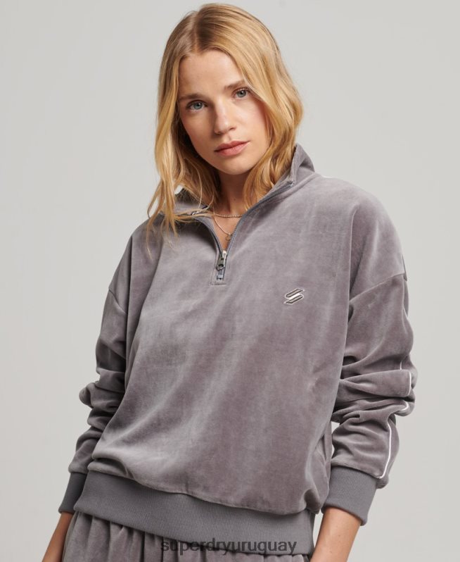 uy Superdry mujer sudadera con cuello henley de terciopelo gris DT2N8Z3362 ropa