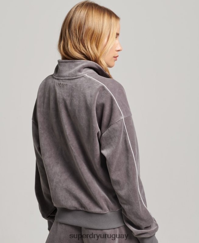 uy Superdry mujer sudadera con cuello henley de terciopelo gris DT2N8Z3362 ropa