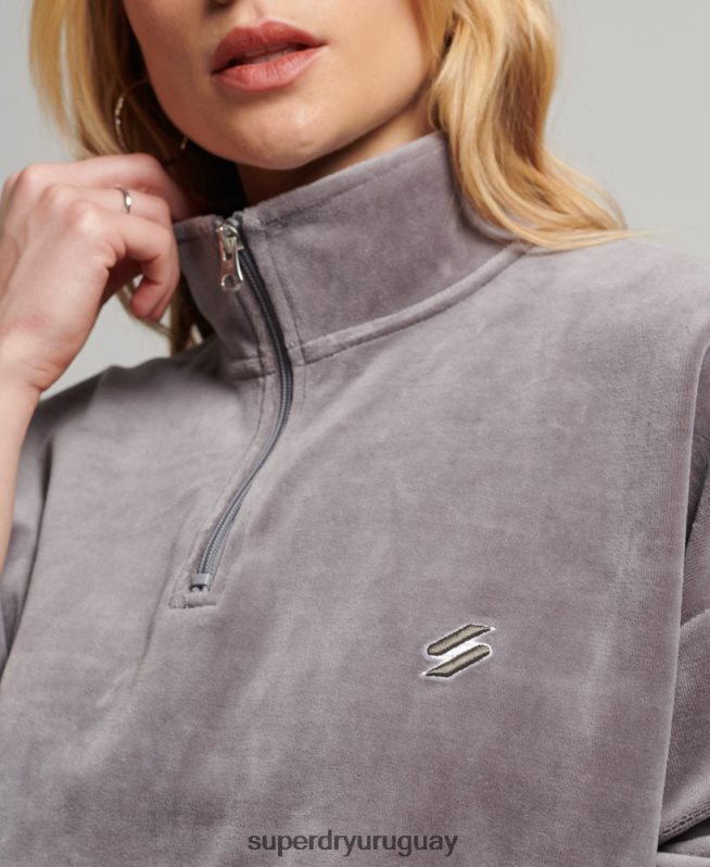 uy Superdry mujer sudadera con cuello henley de terciopelo gris DT2N8Z3362 ropa