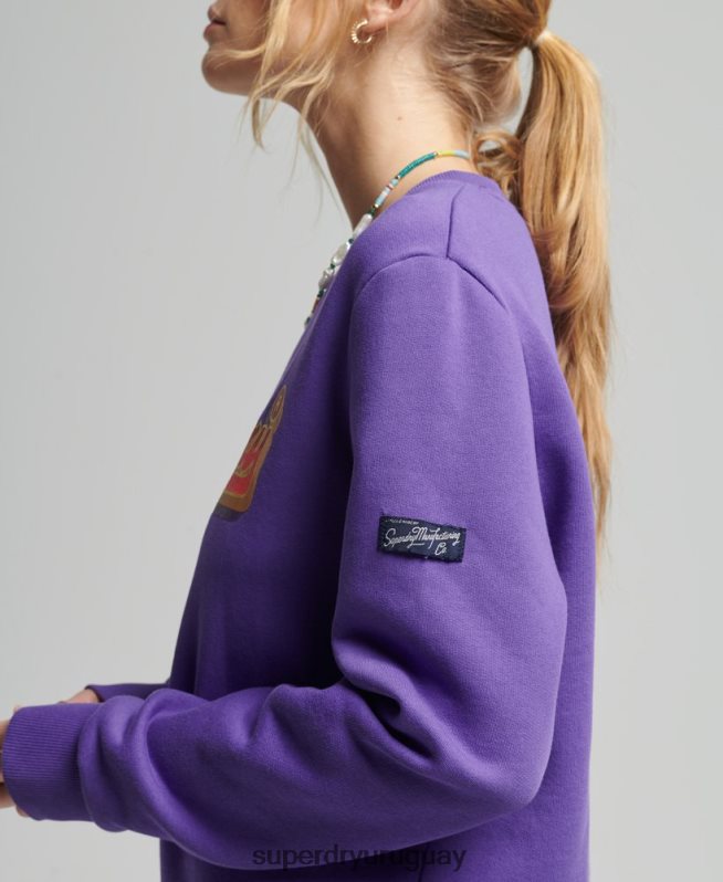 uy Superdry mujer sudadera con cuello redondo de temporada y logo vintage púrpura DT2N8Z3460 ropa