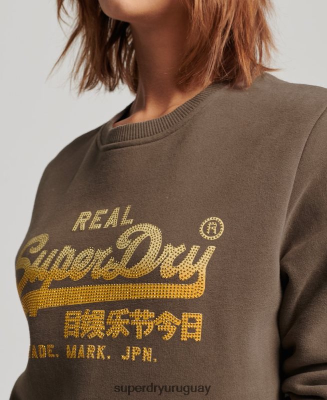 uy Superdry mujer sudadera con cuello redondo y logo vintage caqui DT2N8Z3323 ropa