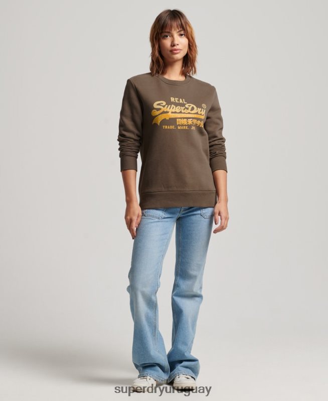 uy Superdry mujer sudadera con cuello redondo y logo vintage caqui DT2N8Z3323 ropa