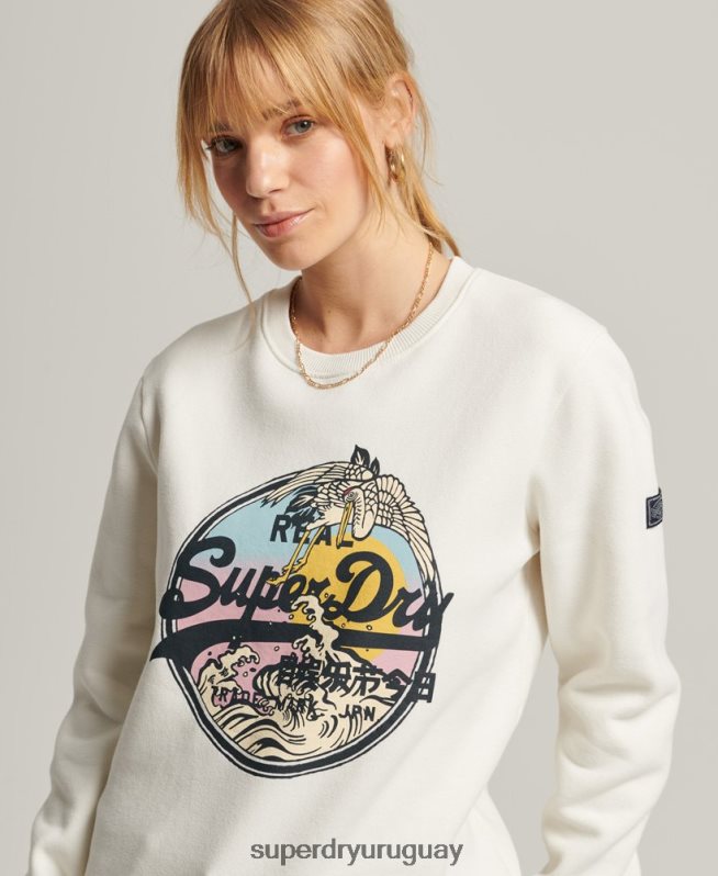 uy Superdry mujer sudadera con cuello redondo y logo vintage crema DT2N8Z3456 ropa