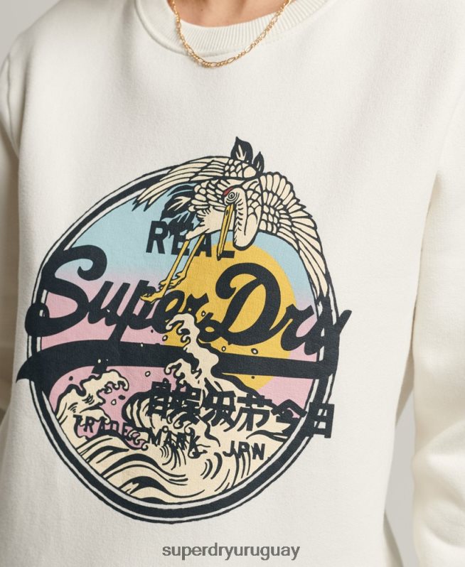 uy Superdry mujer sudadera con cuello redondo y logo vintage crema DT2N8Z3456 ropa