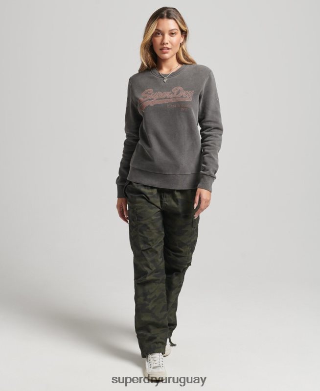 uy Superdry mujer sudadera con cuello redondo y logo vintage gris oscuro DT2N8Z5910 ropa