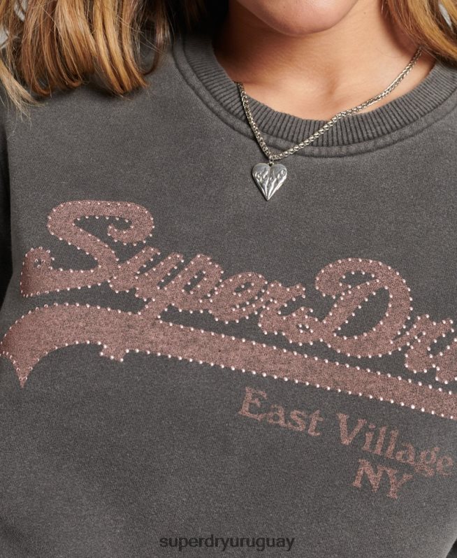 uy Superdry mujer sudadera con cuello redondo y logo vintage gris oscuro DT2N8Z5910 ropa
