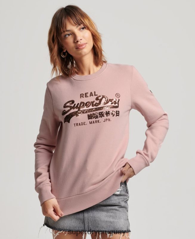 uy Superdry mujer sudadera con cuello redondo y logo vintage rosa DT2N8Z3308 ropa