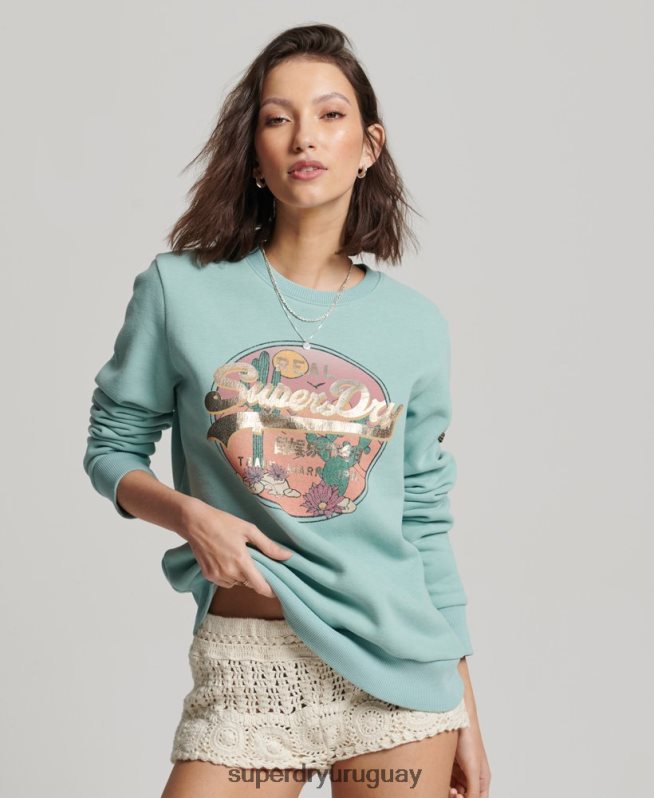 uy Superdry mujer sudadera con cuello redondo y logo vintage verde DT2N8Z2253 ropa