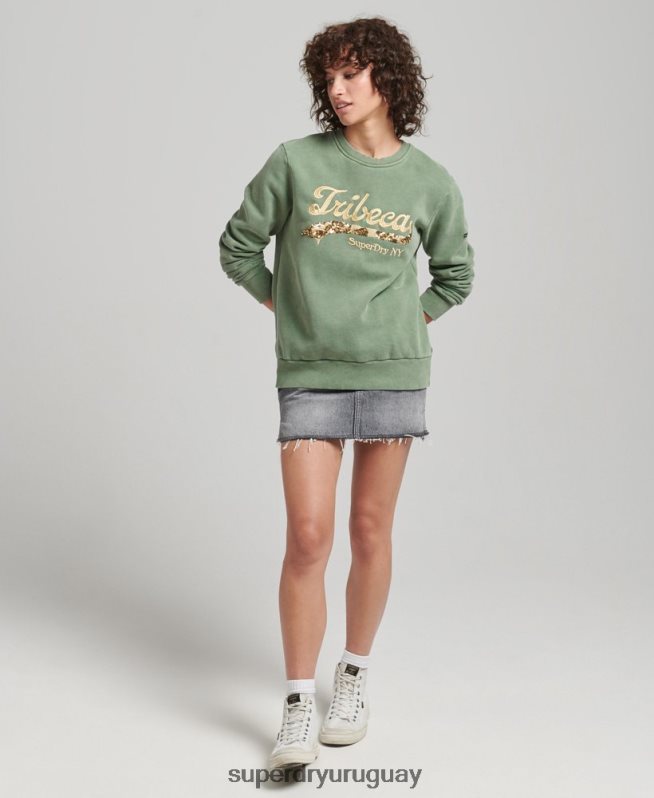 uy Superdry mujer sudadera con cuello redondo y logo vintage verde DT2N8Z6112 ropa