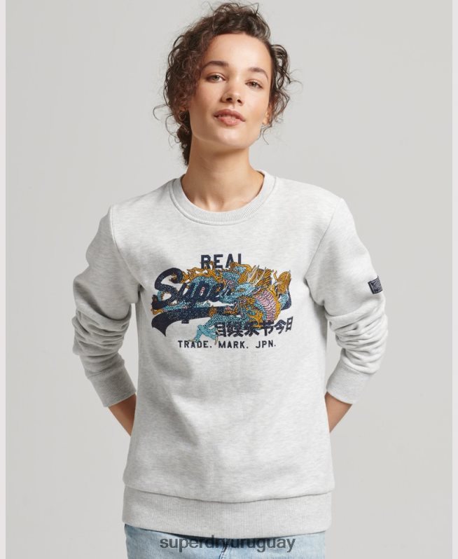 uy Superdry mujer sudadera con detalle de pedrería y logo vintage gris claro DT2N8Z5982 ropa