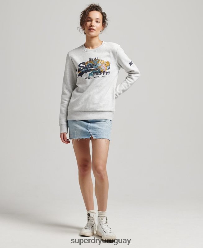 uy Superdry mujer sudadera con detalle de pedrería y logo vintage gris claro DT2N8Z5982 ropa