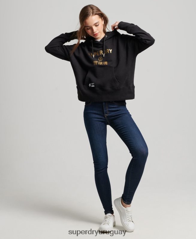 uy Superdry mujer sudadera corta con capucha y logo independiente negro DT2N8Z5871 ropa