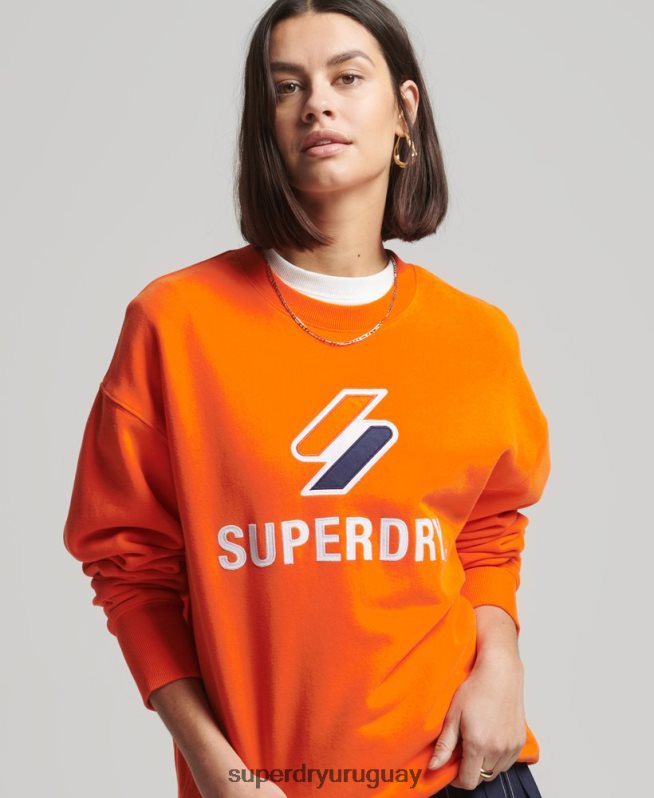 uy Superdry mujer sudadera extragrande con cuello redondo y aplique de código apilado naranja DT2N8Z5803 ropa